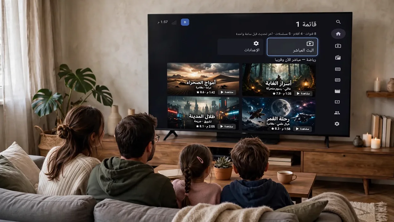 A family watching Qanat in Arabic on a TV